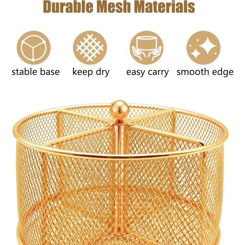 360° Rotating Metal Utensil Caddy - 4 Compartment Silverware Cutlery Holder Rotation Fork Spoon Napkin Organizer Flatware Storage Basket Party Countertop Buffet Picnic Camping Outdoor Gold