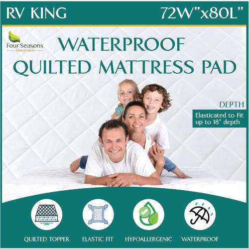 RV King Waterproof Mattress Pad - Fitted Mattress Protector with Quilted Pillow Top Mattress Topper - Premium Quality Hypoallergenic Mattress Cover (72'x80')