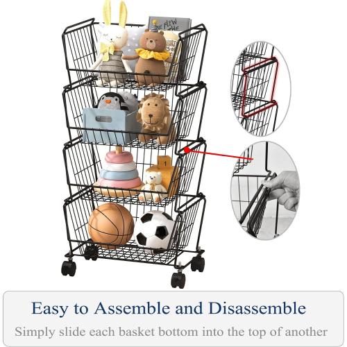 PUSDON 4-Tier Large Stackable Wire Storage Baskets with Wheels, Metal Rolling Utility Cart Organizer, Produce Basket for Kitchen Pantry, Floor Shelf, Matte Black