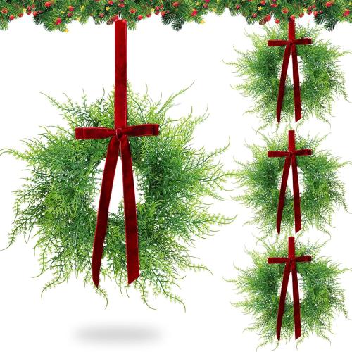 XunYee 4 Pack Small Christmas Wreath for Cabinet Home Kitchen Whimsical Decor with Velvet Bow 11 Persian Grass Lime Green Green Fern Mini Wreaths for Xmas Home Candle Window Chair Fence Decor