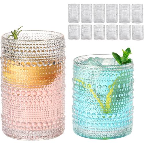 ZMOWIPDL Vintage Glassware Drinking Glasses Set of 12,Clear 12oz & 15oz Hobnail Glass Cups,Embossed Water Tumbler,for Beer,Cocktail,Whiskey,Juice and Various Mixed Drinks- 1 Cleaning Brush