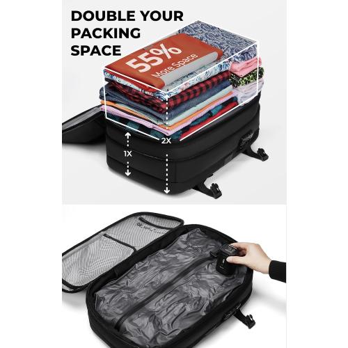 AirVault Vacuum Seal Travel Backpack 60L - Expandable Air Compression Vacuum System, Water-Resistant, Carry-On with TSA Lock Fits 19 Laptop (Black)