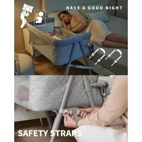 AirClub Bassinet Bedside Sleeper, Baby Crib for Newborn, Baby Bassinets Bedside Sleeper with 4 Auto-Lock & Adjustable Height, Breathable Mesh & Mattress, Bedside Bassinet