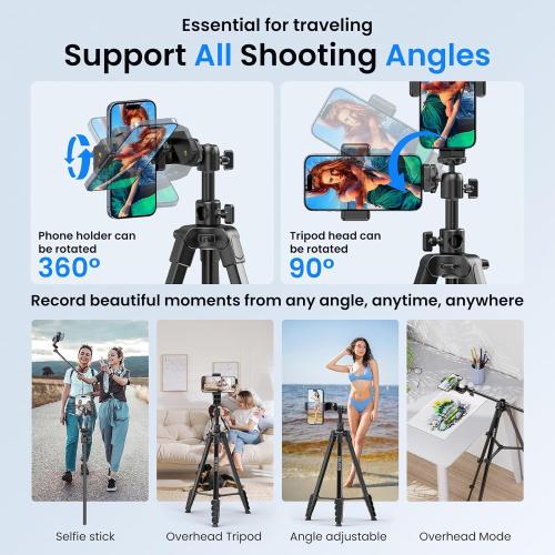 70 Phone Tripod & Selfie Stick, Horizontal Overhead Tripod, Extendable Camera Cell Phone Tripod Stand with Wireless Remote and phone Holder for Filming Video Recording Live Stream