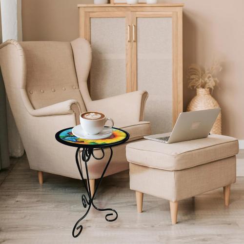 12 Inch Outdoor Side Table, Round Patio Accent Indoor End Table with Glass Top & Metal Base for Living Room, Office, Balcony, Sunflower Butterfly Indoor Furniture Decor(20 Height)