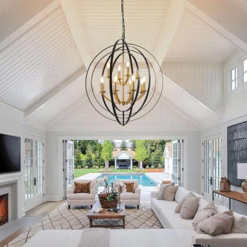 WJShome 31.5 Black and Gold Chandelier, 12-Light Modern Chandelier for Entryway, Round Pendant Light Fixtures, Large Foyer Chandeliers for High Ceilings, Adjustable Hanging Ceiling Lighting Fixtures