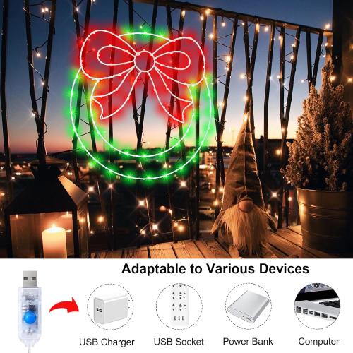 CESOF Christmas Wreath Window Lights Decorations, 14 Lighted Christmas Wreath with Bow, Remote Control Timer USB Powered Window Silhouette Lights for Home Door Wall Home Winter Xmas Party Decor