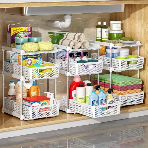 3Pcs Size  3 Tier Bathroom Organizers and Storage, UPGRADE WIDER BOLDER, Pull Out Under Sink Organizer with Dividers, Kitchen Pantry Organizers and Storage, Bathroom Storage Cabinet - White