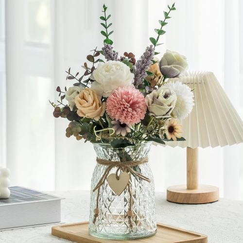 Clear Jar Multicolor Fake Flowers with Vase, Faux Peony Silk Flowers for Home Decor, Coffee Table, Living Room, Bathroom Plant Decor, Centerpiece Table Decorations