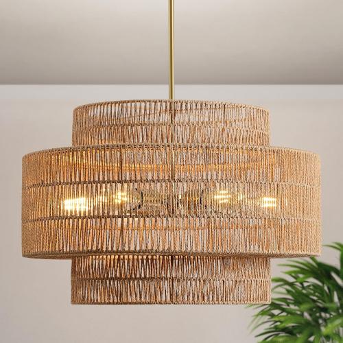 24” Boho Large Rattan Chandelier Light Fixture,6-Light Large Hand Woven Pendant Light Fixture Farmhouse Rustic Chandeliers for Kitchen Bedroom, Dining Room, Living Room, Hallway, Foyer