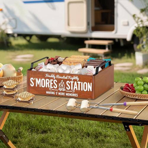 Farmhouse Smores Station, Wooden Smores Caddy with Handles, S'mores Bar Holder with 5Pcs Extendable Smores Sticks, Smores Maker Box for Smores Kit, Outdoor Fire Pit Camping Essentials Cooking (Brown)