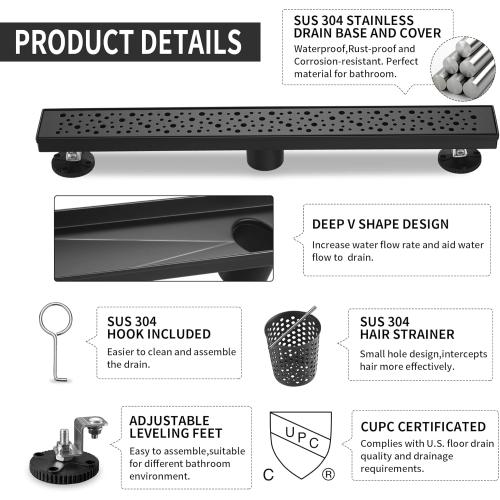 Linear Shower Drain 24 Inch, Bubbles Shower Drain SUS-304 Stainless Steel, 51L/Min Fast Drainage Floor Linear Drain, US Standard CUPC Certified, Matte Black, SD-099