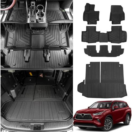 Bomely Floor Mats Compatible with 2020-2026 Toyota Highlander Cargo Liner Back Seat Cover Hybrid Fuel 2025 7 Seats Highlander Accessories (2020-2026,Floor Mats Trunk Mat with Backrest Mat)