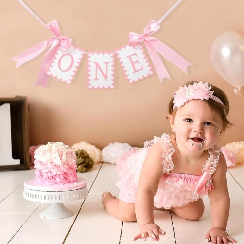 Girls 1st Birthday Decorations - Pink Bow High Chair Banner, Bow First Birthday Photo Props, Cake Smash Party Decorations, Sweet One Highchair Banner