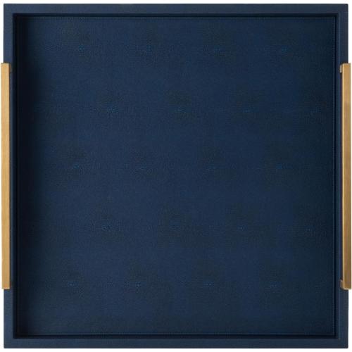 Large Navy Blue Decorative Tray for Ottoman,Stylish Rectangle Coffee Table Tray with Handles,Versatile Serving Tray for Living Room and Home Decor