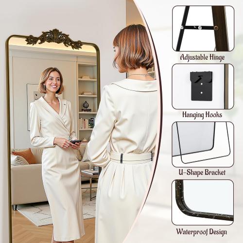 Full Length Mirror, 65x22 Floor Mirror Freestanding with Carved Metal Frame, Full Body Mirrors for Living Room, Standing, Hanging, Leaning Mount, Bronze, Luxury Style