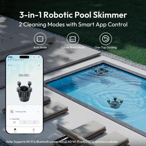 Size 538 sq ft F10 Robotic Surface Skimmer, Pool Cleaner with Powerful Suction, Dual Motor, 5L Filter, Dual Cleaning Modes, Smart App Control, One-Tap Docking, LED, AI Navigation, for Pools up to 538 Sq.Ft.