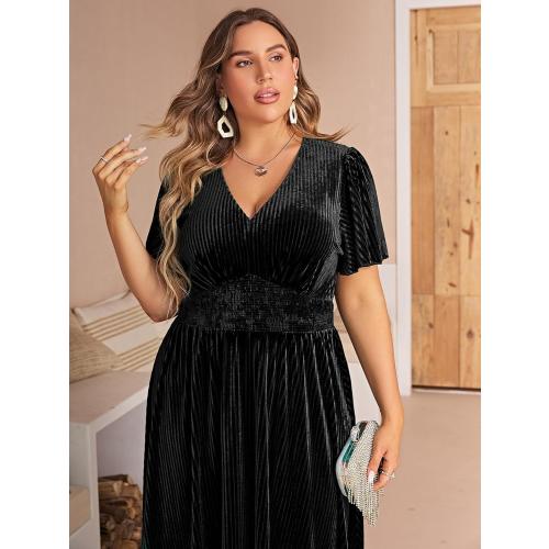 Siza 1XL Simplee Women’s V Neck Velvet Maxi Dress Short Sleeve Empire Waist Long Formal Dress for Wedding Guest