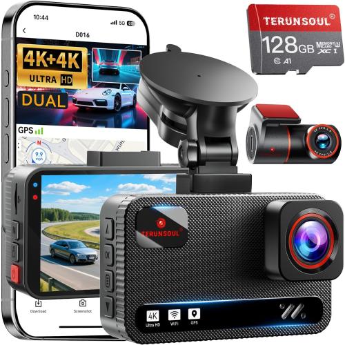4K 4K Dash Cam Front and Rear, Free 128GB Card Included, 5.8GHz WiFi Dash Camera for Cars, Built-in GPS, G-Sensor, 170°Wide Angle, 3 IPS Screen, 24H Parking Mode, Support 512GB Max