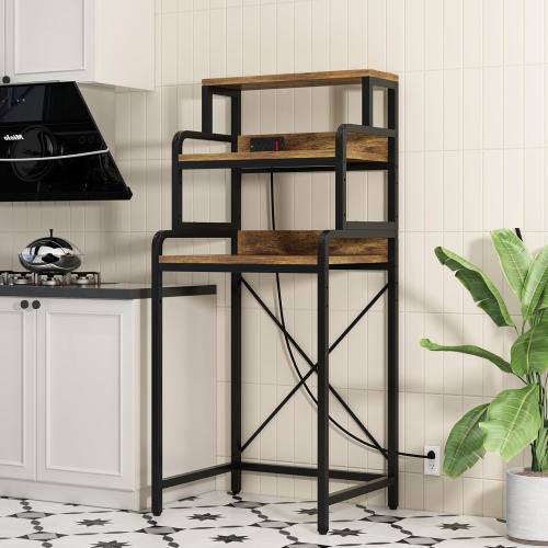 Size 4- Tier Mini Fridge Stand Shelf with Power Outlet, Double-Purpose Rack, Mini Fridge & Microwave Oven Stand Table, Bar Cabinet, Free Standing Shelf for Office, Kitchen, Home.