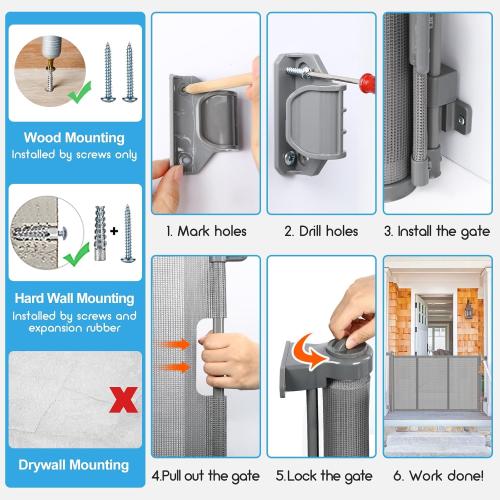 Upgrade 120 inch Retractable Baby Gates, EZIGO Extra Wide Baby Gate for Large Opening Extra Long Mesh Gate for Kids or Pet Dog Gate Child Safety Gate for Stairs Hallways Doorway Indoor Outdoor, Gray