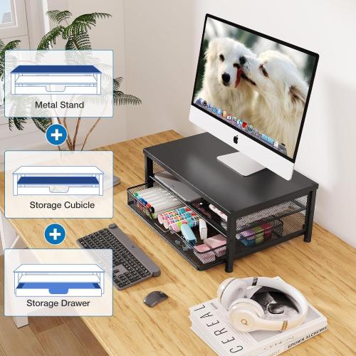 OPNICE Computer Monitor Stand Riser, Desk Organizer with Drawer, Laptop Stand, Office Desk Accessories & Workspace Desktop Organizers Storage for Office Supplies(Black)