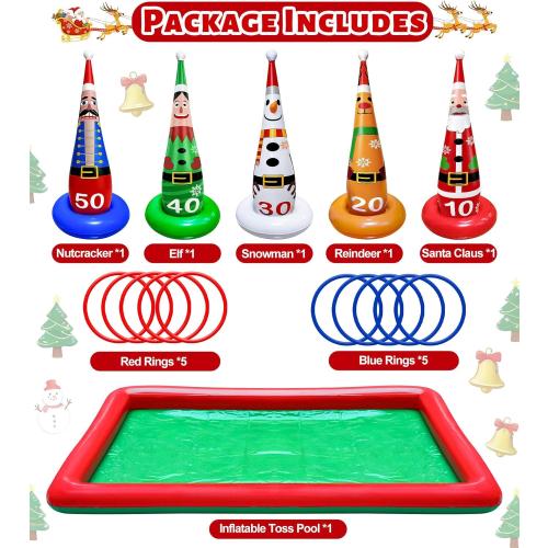 16 PCS Christmas Ring Toss Game Set for Kids Adults Santa Snowmen Elf Reindeer Nutcrackers Inflatable Christmas Games Family Toys for Home Xmas Carnival Party Supplies Favors Indoor Outdoor Decoration