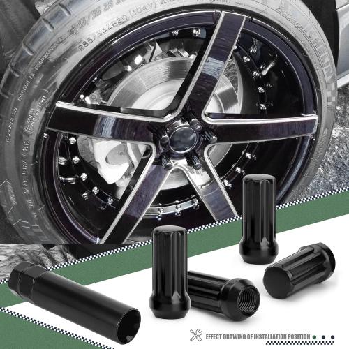 32pcs M14x1.5 Lug Nuts Spline Black, 14x1.5 Aftermarket Wheel Lug Nuts for F150 F250 F350 Silverado Sierra Ram 2500 3500 with 1 Socket Keys Long Extended