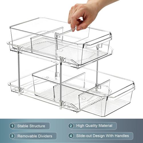 Color Clear Set of 2 Set, 2 Tier Clear Organizer with Dividers for Cabinet, Shlef, Counter - MultiUse Slide-Out Storage Container - Kitchen, Pantry, Medicine Cupboard Bins, Bathroom, Vanity Makeup, Under Sink Organizing