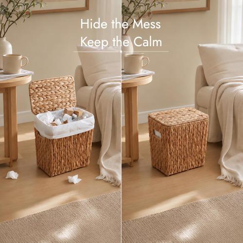 YANGQIHOME Water Hyacinth Bathroom Trash Can with Lid, Slim Rectangular Woven Waste Basket with Removable Waterproof Inner Bin, Decorative Wastebasket for Bedroom,2 Gallon,12.6’’L x 6.3’ W x 11’’H