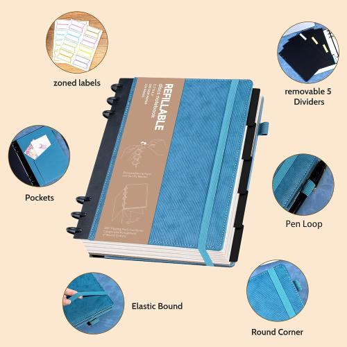 Yoment Refillable Notebooks for Work 5 Subject with Removable Dividers Tabs 224 Pages Hardcover Leather Journals for Writing Small Discbound Planner Colleged Ruled Paper for Women Men 6.1 x 8.3,Blue