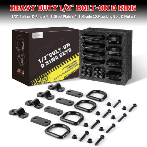 AUTOBOTS 1/2 Heavy Duty Bolt-On Forged D Ring, 12000Lbs Break Strength Tie Down Anchors Hooks, for Trailers, Trucks, and Cargo Tie Downs (Pack of 4) Black