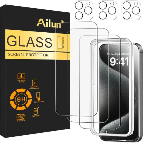 Ailun 3 Pack Screen Protector for iPhone 15 Pro Max [6.7 inch]   3 Pack Camera Lens Protector with Installation Frame,Sensor Protection,Dynamic Island Compatible,Case Friendly Tempered Glass Film