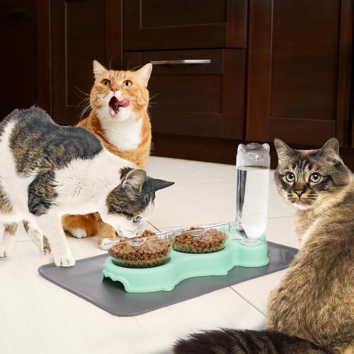 WRINGKIT Triple Cats Bowls, Cat Food Water Bowl with Mat and Scoop, 15° Tilted Raised Cat Bowl Dishes with Automatic Water Bottle, Pet Feeding Bowls for Cats, Small Dogs, Wet, Dry Food