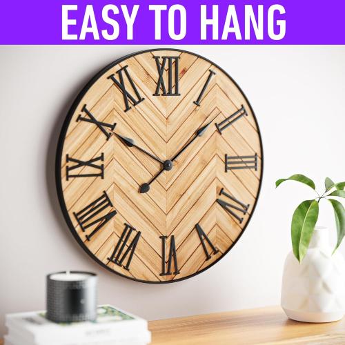 Large Wall Clock 24 Round - Silent Metal & Wood Large Farmhouse Wall Clock For Living Room Decor with 3D Roman Numerals - No Ticking - Noiseless Big Wood Decorative Clocks for Living Room Decor