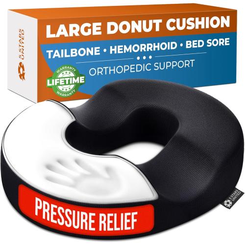 5 STARS UNITED Donut Pillow Hemorrhoid Tailbone Cushion – Large Floor Cushion for Pain Relief – Coccyx, Prostate, Sciatica, Pelvic Floor, Pressure Sores, Pregnancy, Postpartum Recovery, Black