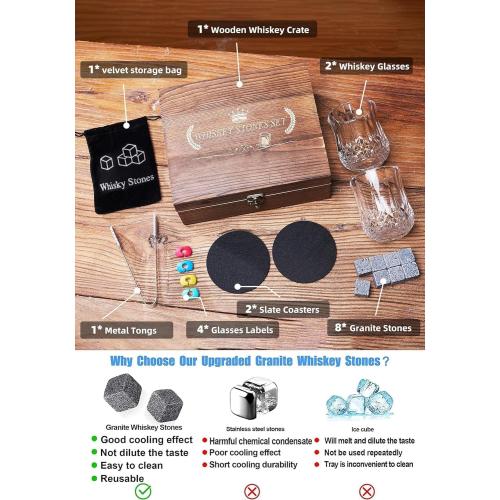 Fathers Day Anniversary Birthday Gifts for Men Him Dad Husband, White Elephant Gifts for Adults, Whiskey Glasses Set of 2 with Chilling Rocks, Bourbon Whiskey Stones Gifts for Men Wooden Box