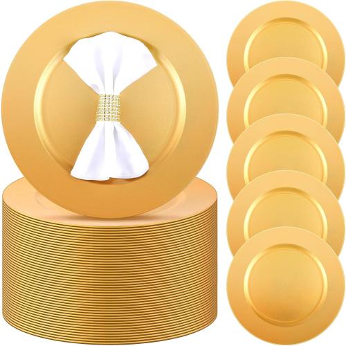 100 Pcs Charger Plates Bulk 13 Inch Round Wedding Chargers Plastic Plate Dinner for Wedding Party Baby Shower Table Setting Event Decoration(Gold)