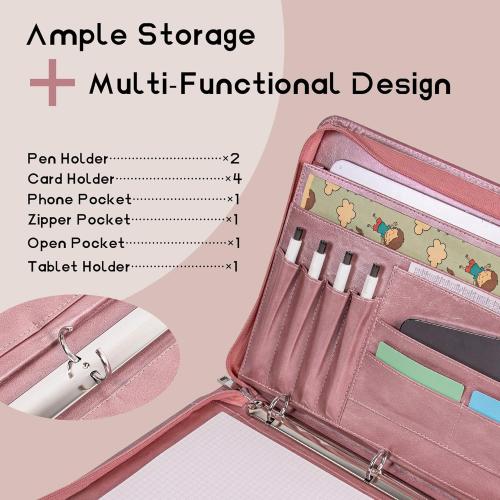 Planner Binder,Padfolio for Women,Leather Binder 3 Ring, A4 Binder Planner with Laptop Pocket,Legal Size Portfolio Organizer,Business Portfolio for Women,Rose Gold