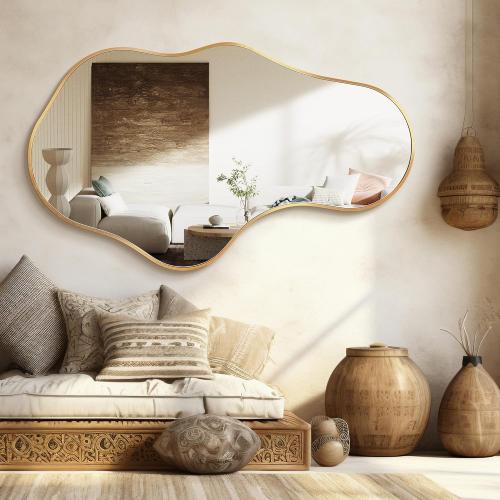 Irregular Wall Mirror - Wall Mirrors Decorative 24x 40 Asymmetrical Abstract Mirror Aviation Aluminum Alloy Frame Unique for Bathroom, Bedroom, Living Room, Cloakroom, Entryway Gold