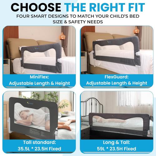 TotCraft MiniFlex Adjustable Length & Height Bed Rail for Toddlers – Fits Twin, Full & Queen Beds – 35.5″ or 47″ Two Fixed Lengths – 14 Height Levels – ASTM Certified Toddler Bed Rails for Kids (Grey)