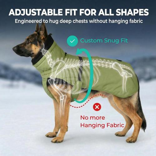 Dog Winter Puffer Coat, Water-Repellent (Green, Medium) | Breathable mesh lining with fur-safe buckle, leash hole, reflective strips and anti-slip leg straps