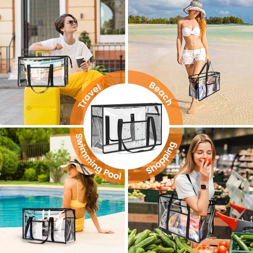 Clear Beach Tote Bag - Waterproof PVC Stadium Approved - Extra Large Transparent Bag for Pool, Concert