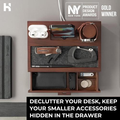 Color brown Holme & Hadfield Premium Wooden Phone Docking Station with Drawer – Nightstand Organizer for Charging Phone & Earbuds – Declutter Your Space with Felt-Lined Protection & Watch Pillar - Gift For Men