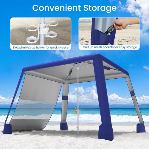MoKo Beach Cabana, 8'×8' Large Beach Canopy with Side Wall, UPF 50  Protection Easy Setup Beach Tent Sun Shelter, Adjustable Height Wind Resistant Cabana Beach Tent for Whole Family, Navy Blue