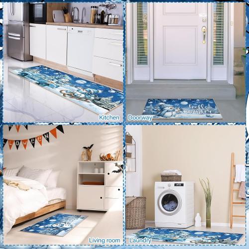 Duraaamo Set of 2 Hello Winter Snowman Kitchen Rugs Blue Christmas Kitchen Mats Cute Bathroom Rug Non Slip Floor Mat Doormat for Winter Holiday Decor 17 x 29 Inch and 17 x 47 Inch