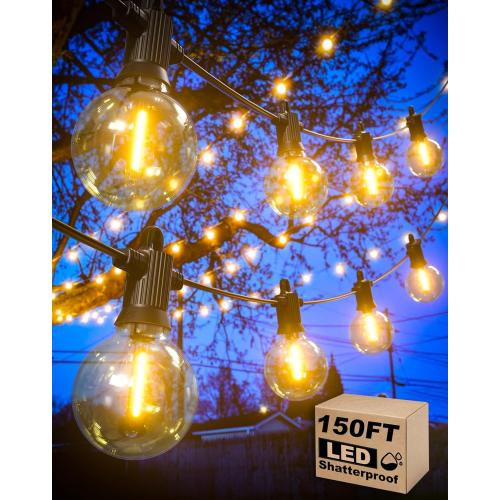 Outdoor String Lights, 150FT Patio Lights with 75 Shatterproof G40 Globe Bulb(3 Spare), Waterproof Connectable Dimmable LED Hanging String Lights for Outside Backyard Porch Balcony(2x75FT)