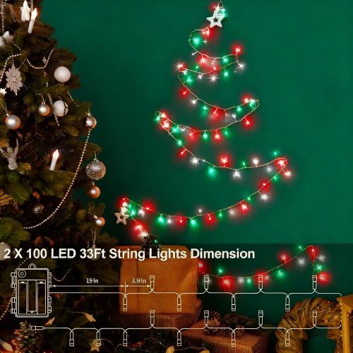 Red White Green Christmas String Lights Battery Operated, 2 Pack 100 LED String Lights 33Ft with Timer 8 Modes Outdoor Indoor Novelty Lights for Home Xmas Tree Garland Holiday Decor