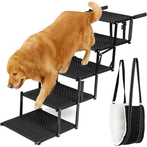 Size XL 5 Step VERALUX Dog Stairs for Large Dogs to Get in Car - 5 Step Foldable Pet Ladder Holds 200lbs - Includes XL Lift Harness - Non-Slip, Joint-Friendly Steps for SUVs, Trucks, Vehicle Entry