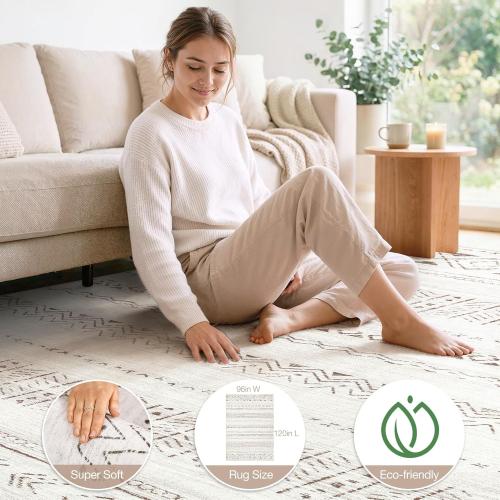 cotiled 8x10 Area Rug Living Room: Washable Boho Rugs with Non Slip Backing Large Soft Indoor Stain Resistant Carpet for Bedroom Farmhouse Dining Room Lightweight Home Decor L Brown/Cream